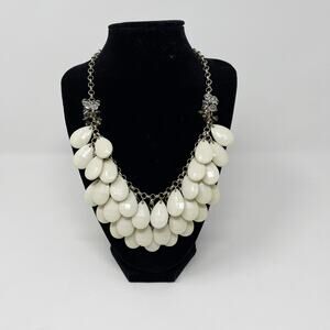 Cream and Gold Tone Bauble Layered Statement Necklace Gem Beads Tiered Costume